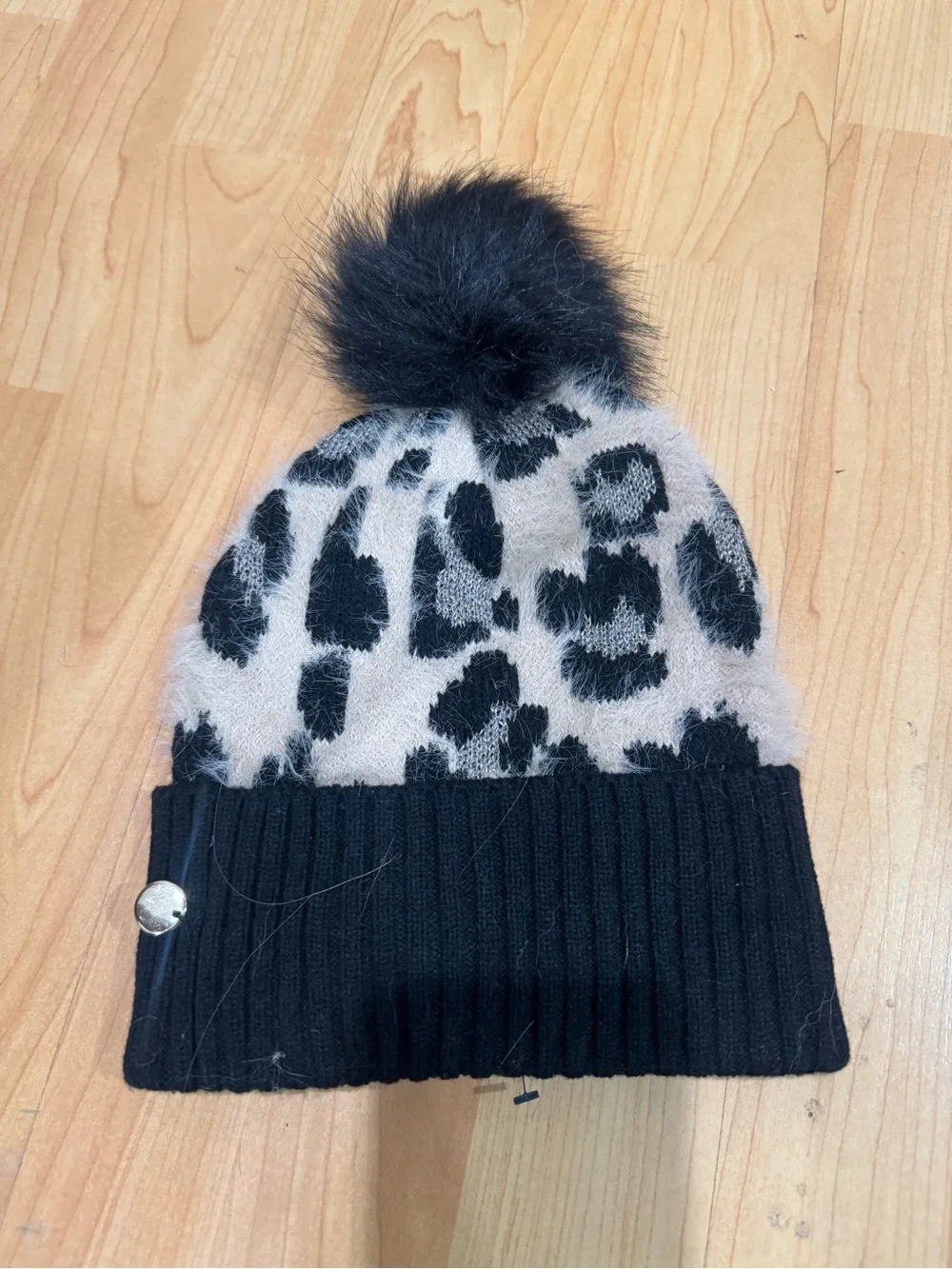 Express Leopard Print Pom Beanie - Black & Cream